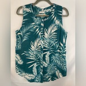 C&C California Teal Leaf Print Sleeveless Blouse 100% linen